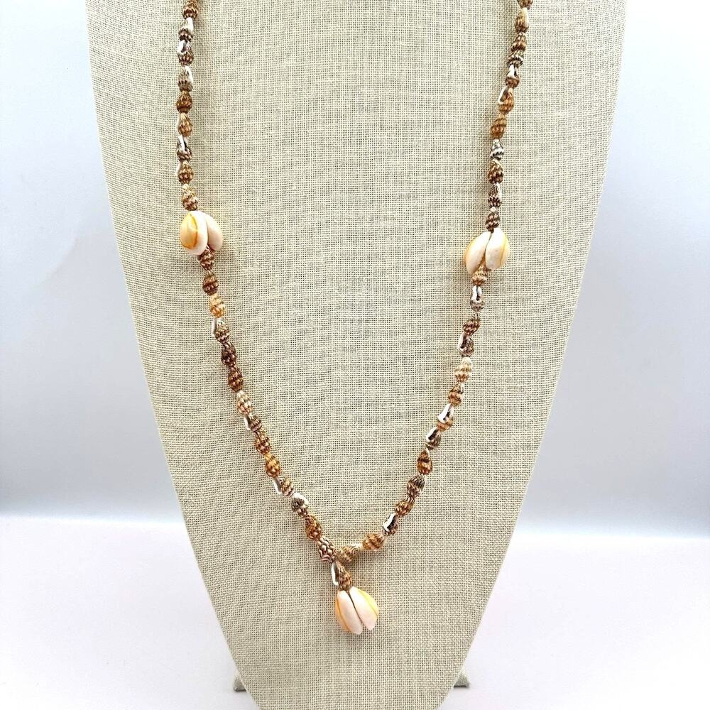 Vintage 80s Long Boohoo Natural Shell Necklace Brown White Cowrie Beach Jewelry